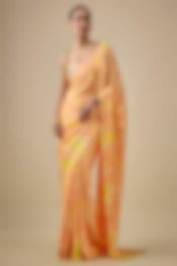 Orange & Yellow Pure Satin Silk Hand Tie-Dye Wedding Saree Set by Akanksha Gajria at Pernia's Pop Up Shop