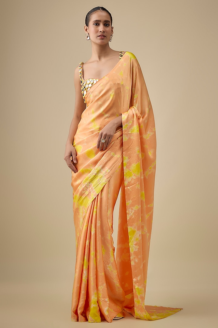 Orange & Yellow Pure Satin Silk Hand Tie-Dye Wedding Saree Set by Akanksha Gajria at Pernia's Pop Up Shop