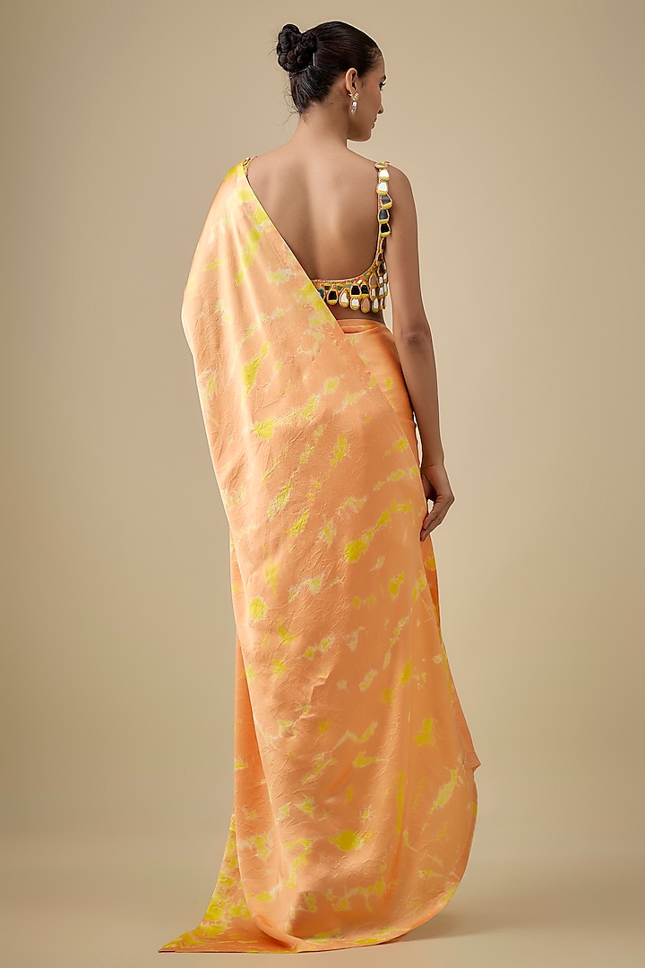 Orange & Yellow Pure Satin Silk Hand Tie-Dye Wedding Saree Set by Akanksha Gajria at Pernia's Pop Up Shop