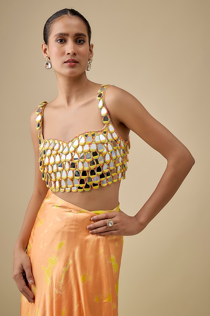 Orange & Yellow Pure Satin Silk Hand Tie-Dye Wedding Saree Set by Akanksha Gajria at Pernia's Pop Up Shop