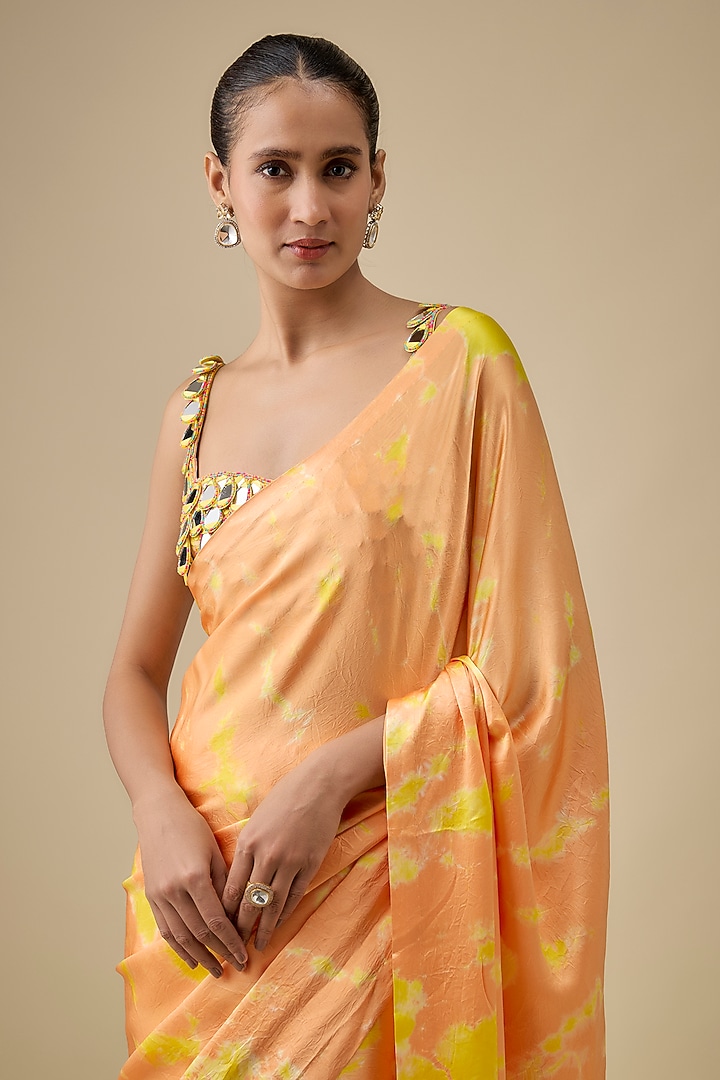 Orange & Yellow Pure Satin Silk Hand Tie-Dye Wedding Saree Set by Akanksha Gajria at Pernia's Pop Up Shop
