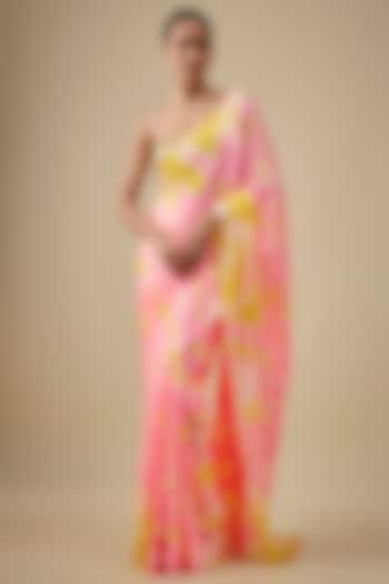 Pink & Yellow Pure Satin Silk Hand Tie-Dye Wedding Saree Set by Akanksha Gajria at Pernia's Pop Up Shop