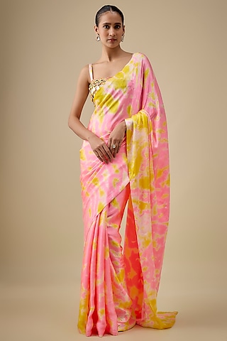 Pink & Yellow Pure Satin Silk Hand Tie-Dye Saree Set by Akanksha Gajria