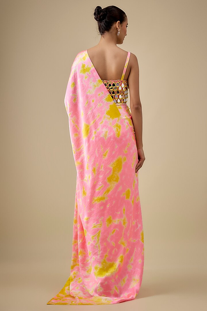 Pink & Yellow Pure Satin Silk Hand Tie-Dye Wedding Saree Set by Akanksha Gajria at Pernia's Pop Up Shop