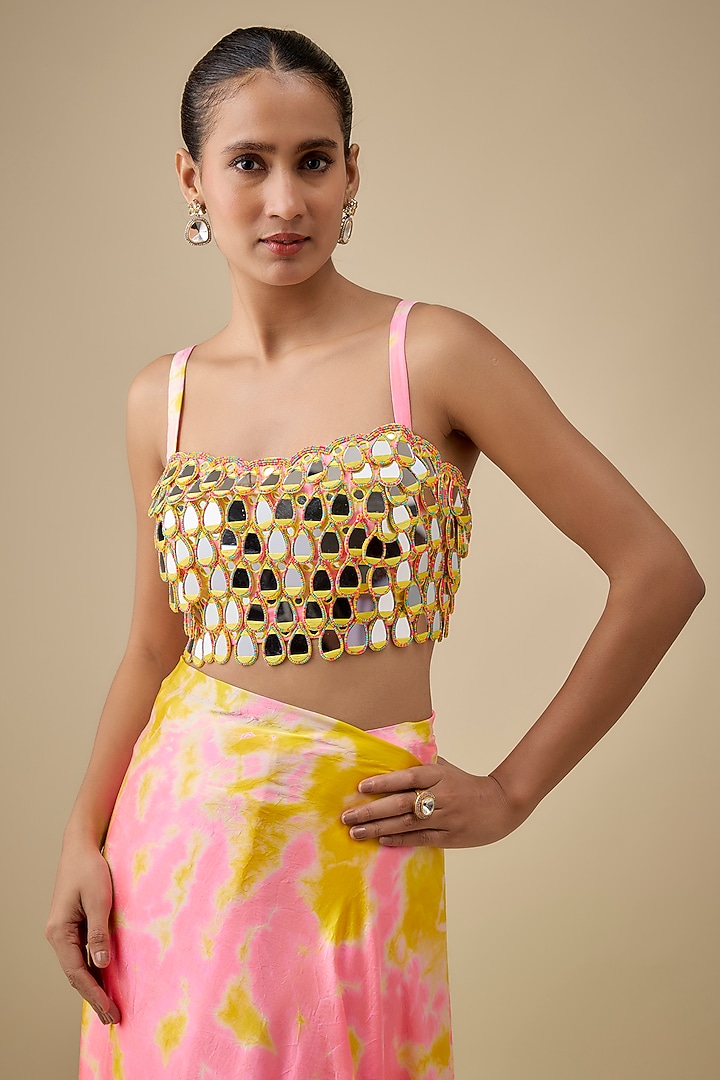 Pink & Yellow Pure Satin Silk Hand Tie-Dye Wedding Saree Set by Akanksha Gajria at Pernia's Pop Up Shop