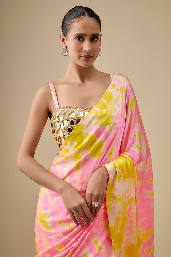 Pink & Yellow Pure Satin Silk Hand Tie-Dye Wedding Saree Set by Akanksha Gajria at Pernia's Pop Up Shop