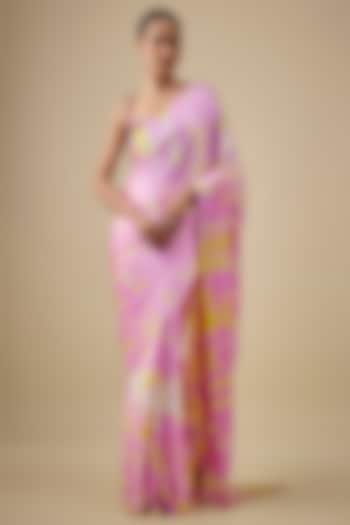 Lilac & Yellow Pure Satin Silk Hand Tie-Dye Wedding Saree Set by Akanksha Gajria at Pernia's Pop Up Shop