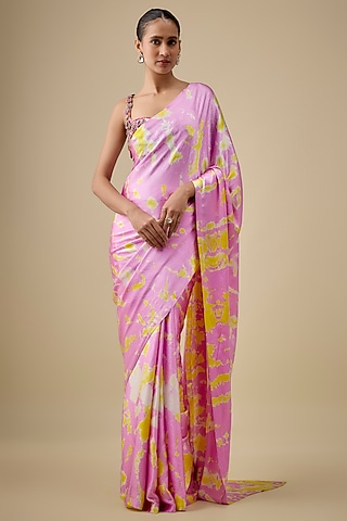 Lilac & Yellow Pure Satin Silk Hand Tie-Dye Saree Set by Akanksha Gajria