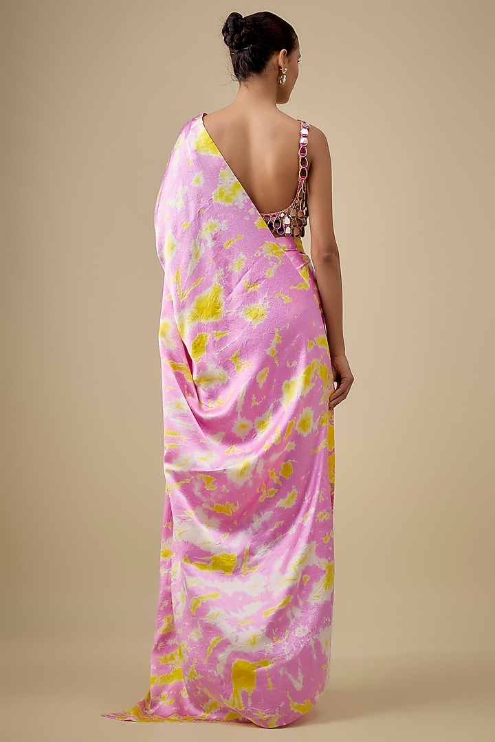 Lilac & Yellow Pure Satin Silk Hand Tie-Dye Wedding Saree Set by Akanksha Gajria at Pernia's Pop Up Shop