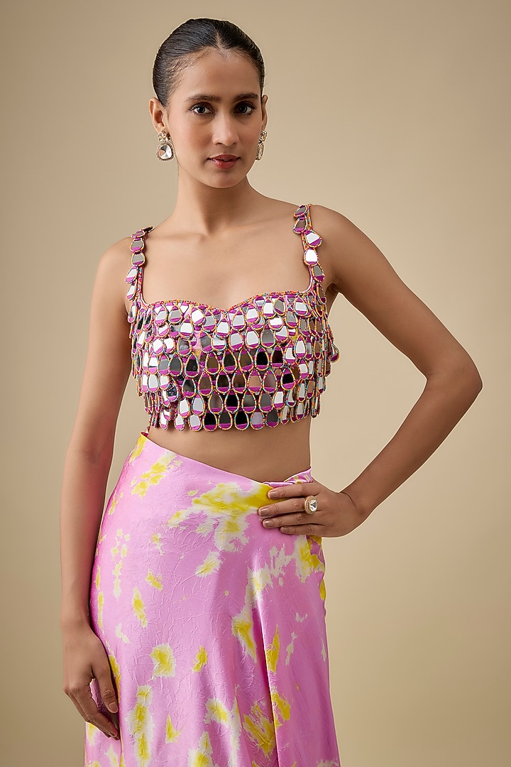 Lilac & Yellow Pure Satin Silk Hand Tie-Dye Wedding Saree Set by Akanksha Gajria at Pernia's Pop Up Shop