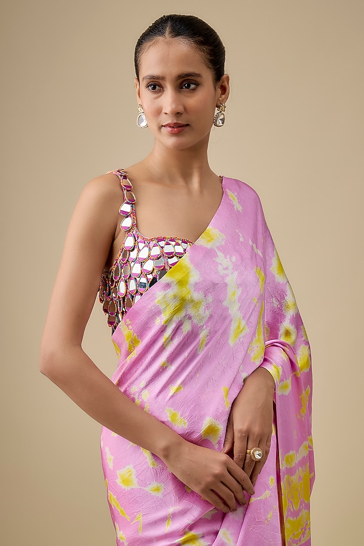 Lilac & Yellow Pure Satin Silk Hand Tie-Dye Wedding Saree Set by Akanksha Gajria at Pernia's Pop Up Shop