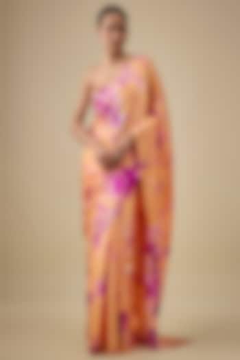 Orange & Purple Pure Satin Silk Hand Tie-Dye Wedding Saree Set by Akanksha Gajria at Pernia's Pop Up Shop