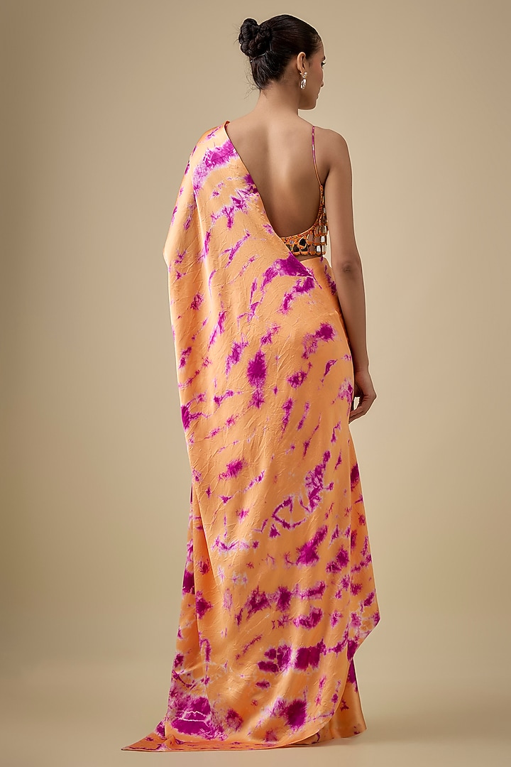 Orange & Purple Pure Satin Silk Hand Tie-Dye Wedding Saree Set by Akanksha Gajria at Pernia's Pop Up Shop