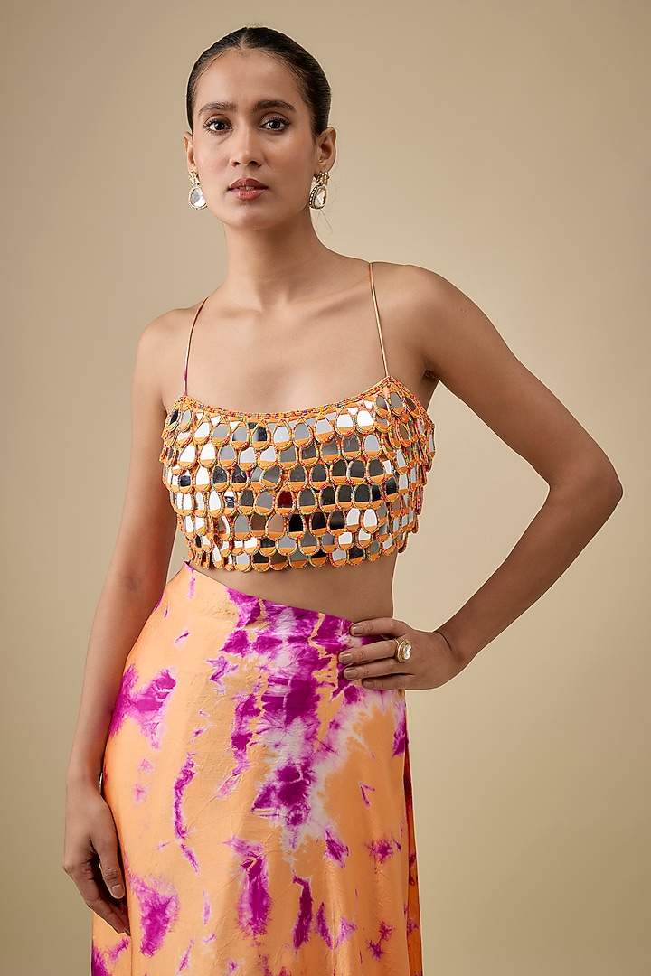 Orange & Purple Pure Satin Silk Hand Tie-Dye Wedding Saree Set by Akanksha Gajria at Pernia's Pop Up Shop