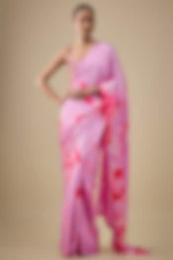 Purple & Pink Pure Satin Silk Hand Tie-Dye Wedding Saree Set by Akanksha Gajria at Pernia's Pop Up Shop