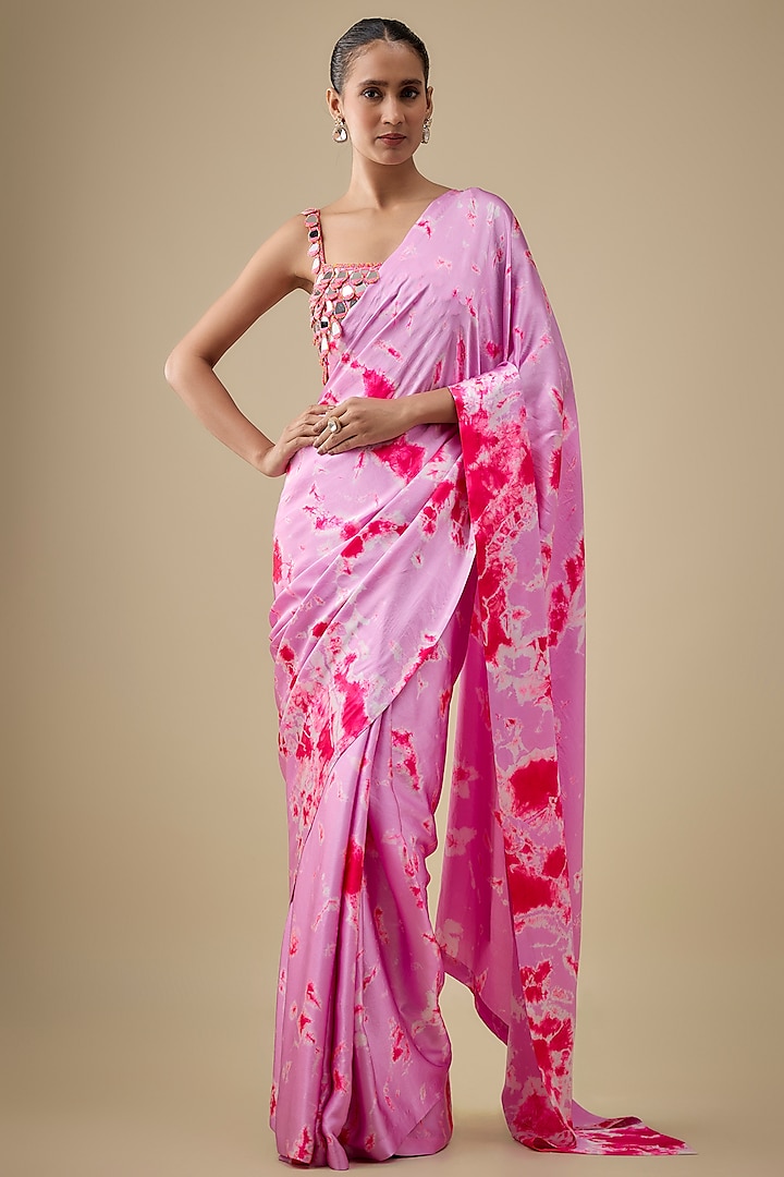 Purple & Pink Pure Satin Silk Hand Tie-Dye Wedding Saree Set by Akanksha Gajria at Pernia's Pop Up Shop