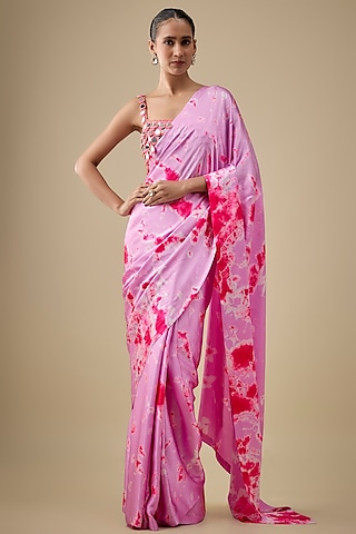 Purple & Pink Pure Satin Silk Hand Tie-Dye Saree Set by Akanksha Gajria