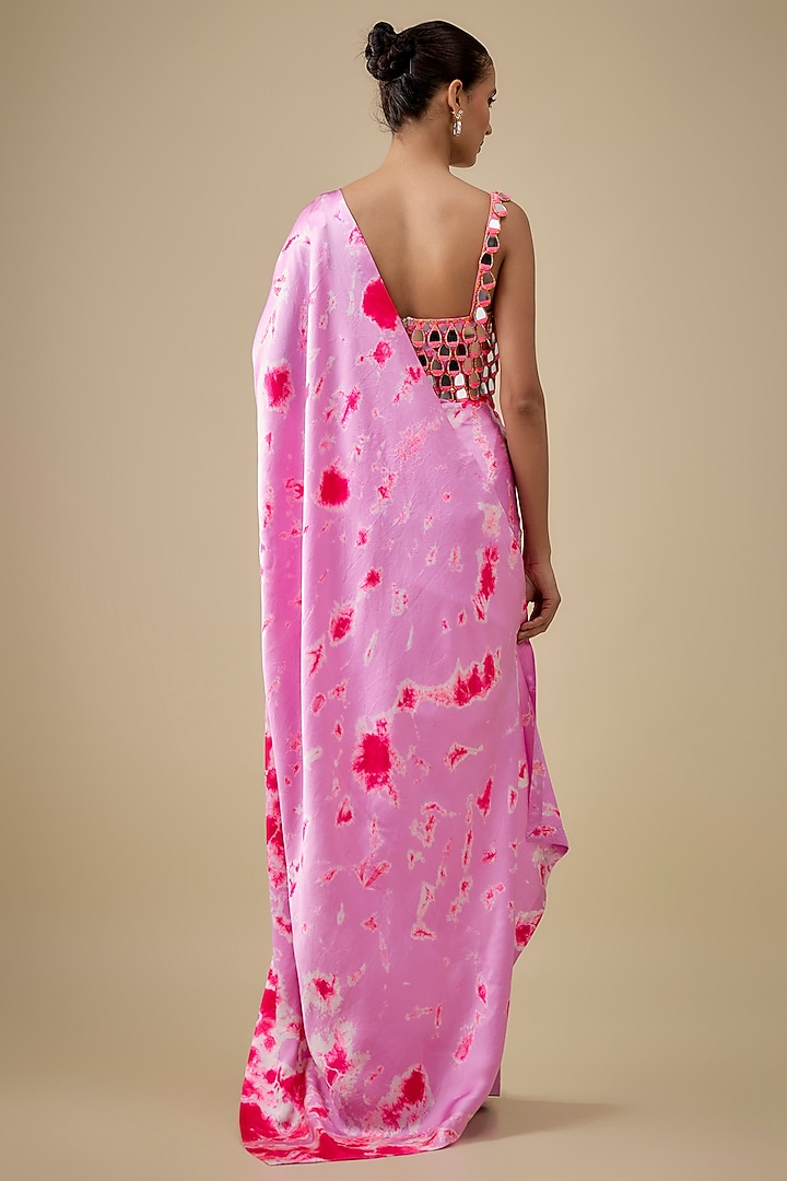 Purple & Pink Pure Satin Silk Hand Tie-Dye Wedding Saree Set by Akanksha Gajria at Pernia's Pop Up Shop