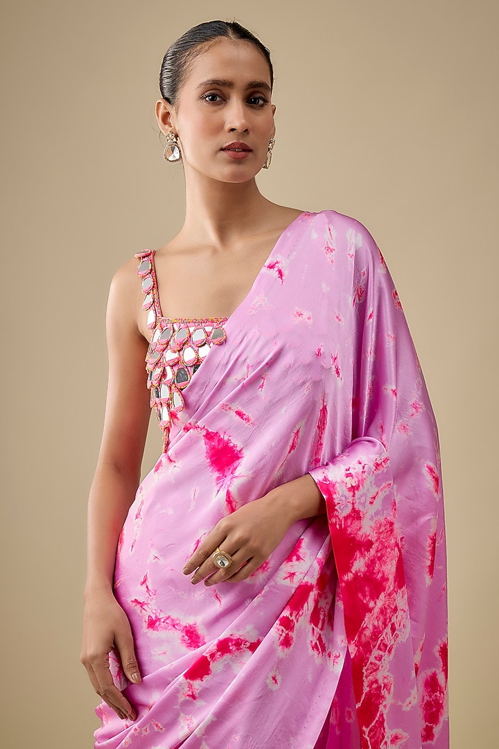 Purple & Pink Pure Satin Silk Hand Tie-Dye Wedding Saree Set by Akanksha Gajria at Pernia's Pop Up Shop