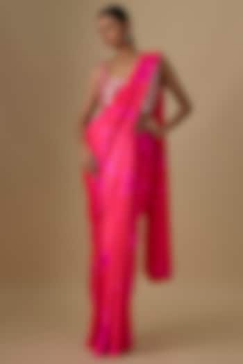Red & Hot Pink Pure Silk Satin Hand Tie-Dye Wedding Saree Set by Akanksha Gajria at Pernia's Pop Up Shop
