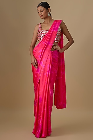 Red & Hot Pink Pure Silk Satin Hand Tie-Dye Saree Set by Akanksha Gajria