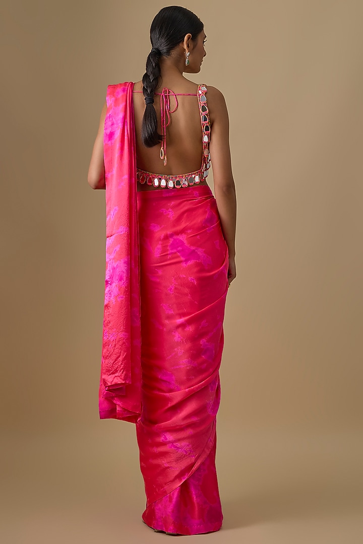 Red & Hot Pink Pure Silk Satin Hand Tie-Dye Wedding Saree Set by Akanksha Gajria at Pernia's Pop Up Shop