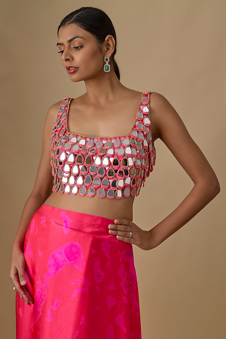 Red & Hot Pink Pure Silk Satin Hand Tie-Dye Wedding Saree Set by Akanksha Gajria at Pernia's Pop Up Shop