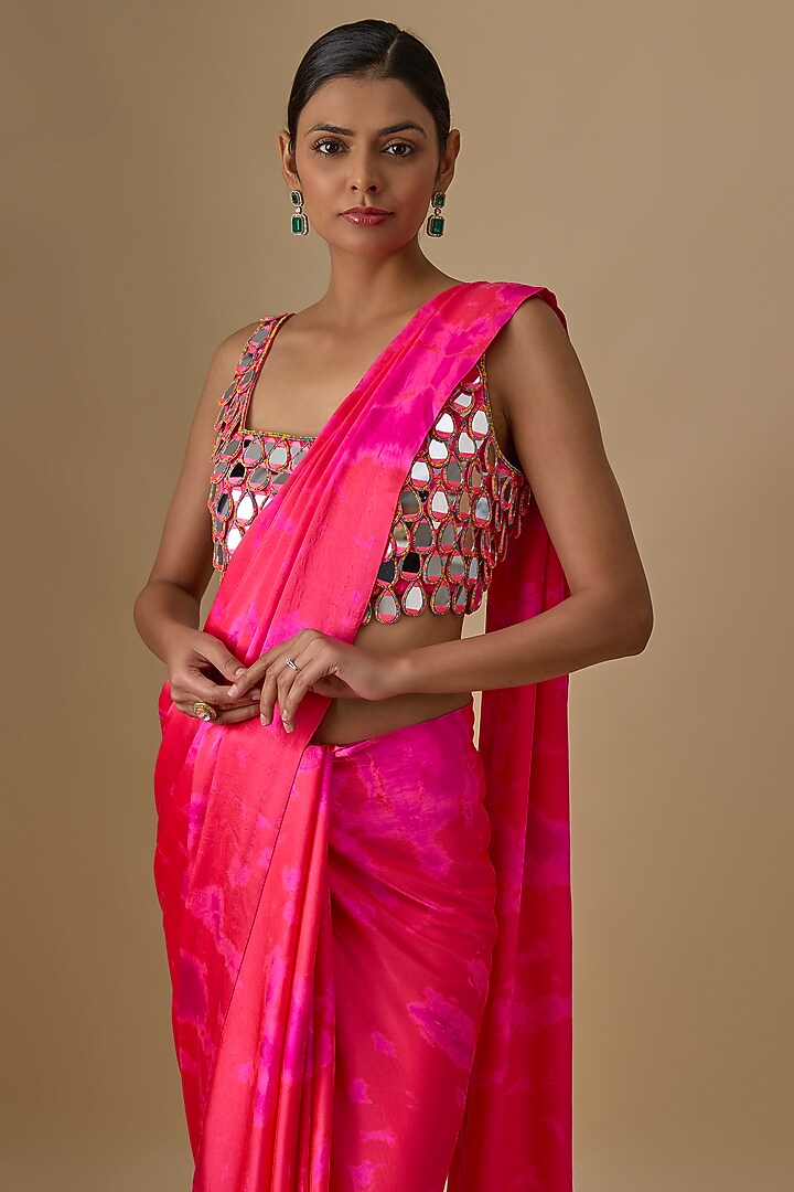 Red & Hot Pink Pure Silk Satin Hand Tie-Dye Wedding Saree Set by Akanksha Gajria at Pernia's Pop Up Shop