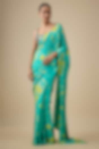 Aqua & Yellow Pure Satin Silk Hand Tie-Dye Wedding Saree Set by Akanksha Gajria at Pernia's Pop Up Shop