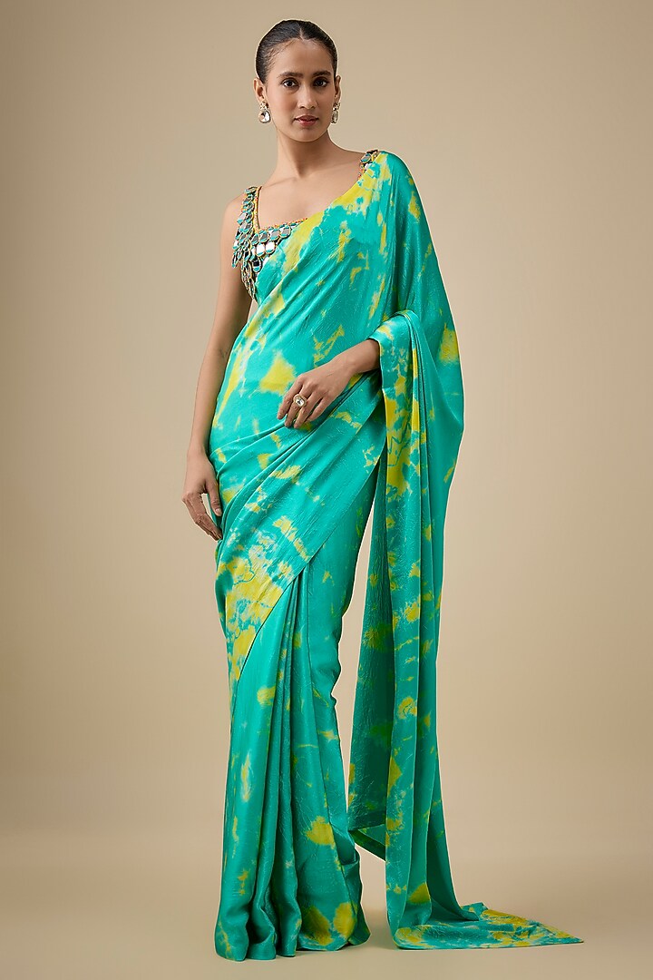 Aqua & Yellow Pure Satin Silk Hand Tie-Dye Wedding Saree Set by Akanksha Gajria at Pernia's Pop Up Shop