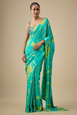 Aqua & Yellow Pure Satin Silk Hand Tie-Dye Saree Set by Akanksha Gajria