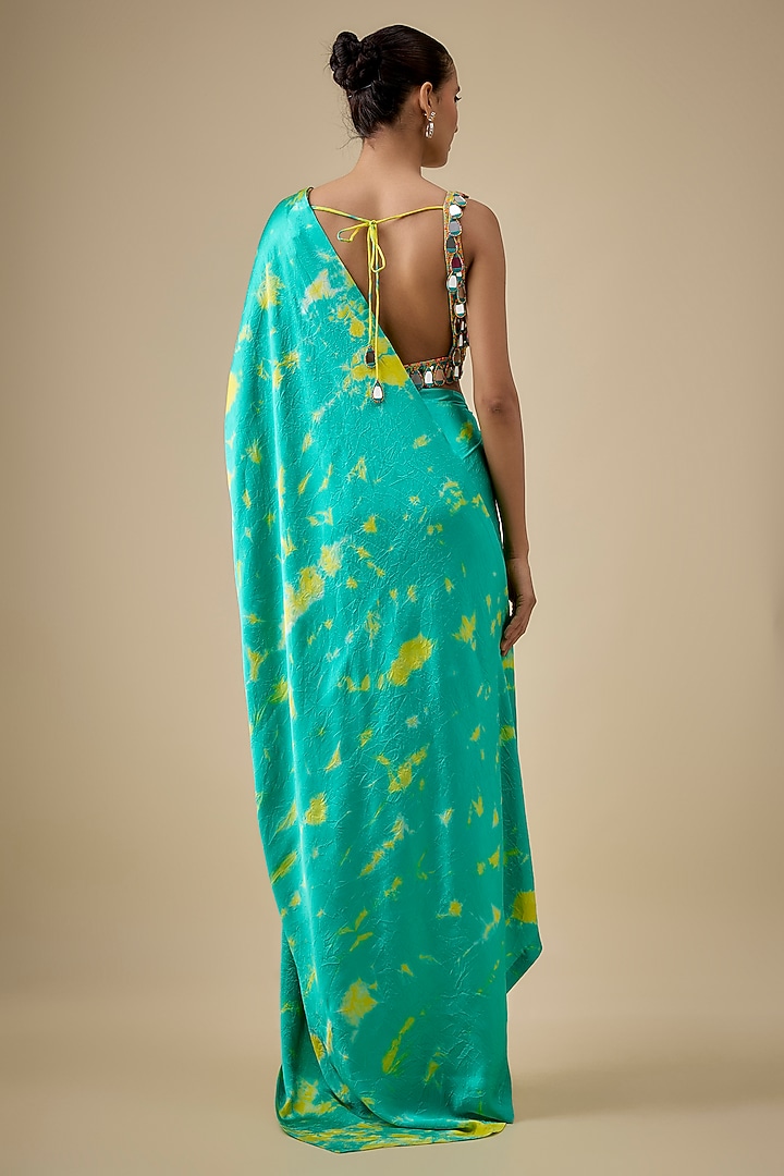 Aqua & Yellow Pure Satin Silk Hand Tie-Dye Wedding Saree Set by Akanksha Gajria at Pernia's Pop Up Shop