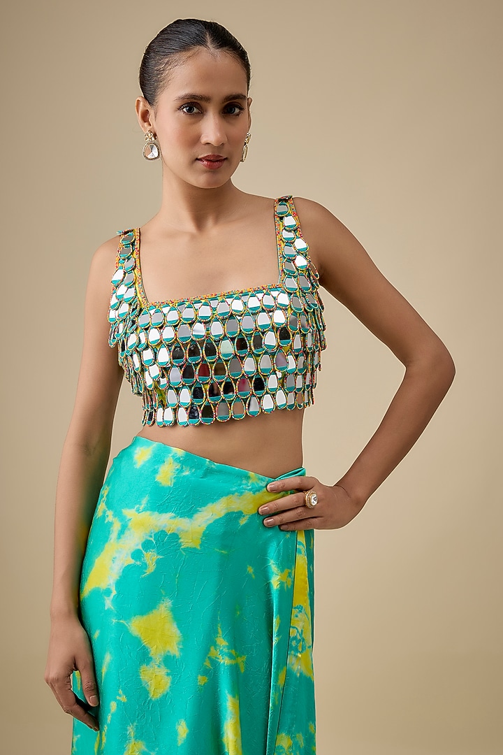 Aqua & Yellow Pure Satin Silk Hand Tie-Dye Wedding Saree Set by Akanksha Gajria at Pernia's Pop Up Shop
