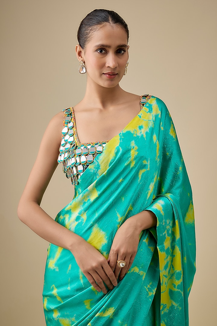 Aqua & Yellow Pure Satin Silk Hand Tie-Dye Wedding Saree Set by Akanksha Gajria at Pernia's Pop Up Shop