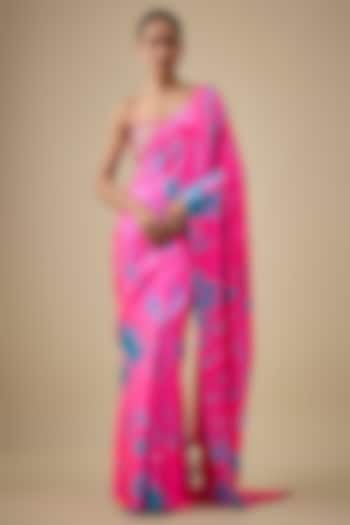 Pink & Blue Pure Satin Silk Hand Tie-Dye Wedding Saree Set by Akanksha Gajria at Pernia's Pop Up Shop