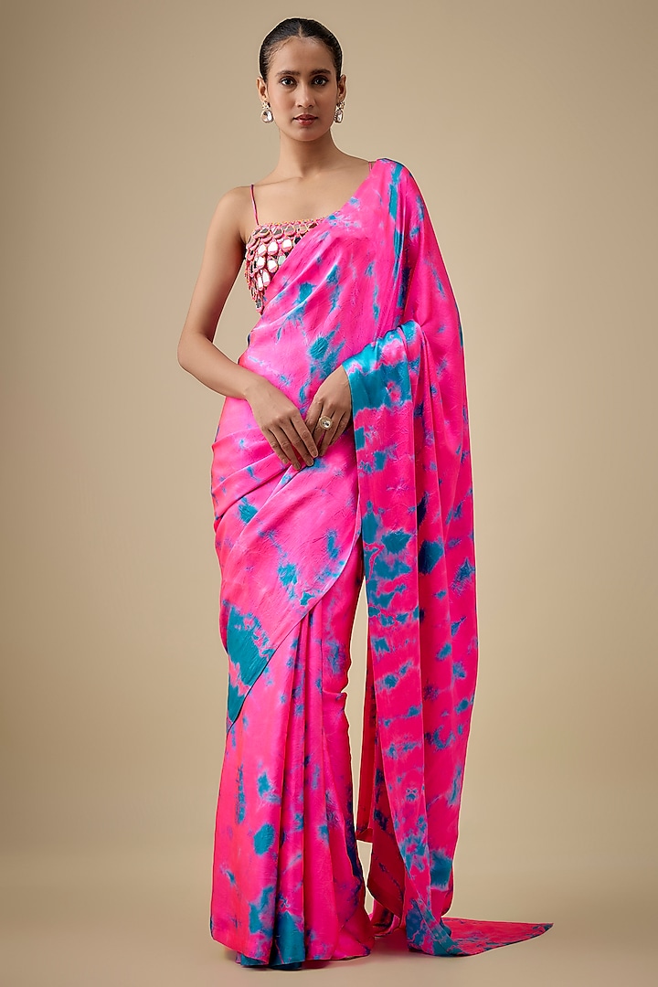 Pink & Blue Pure Satin Silk Hand Tie-Dye Wedding Saree Set by Akanksha Gajria at Pernia's Pop Up Shop
