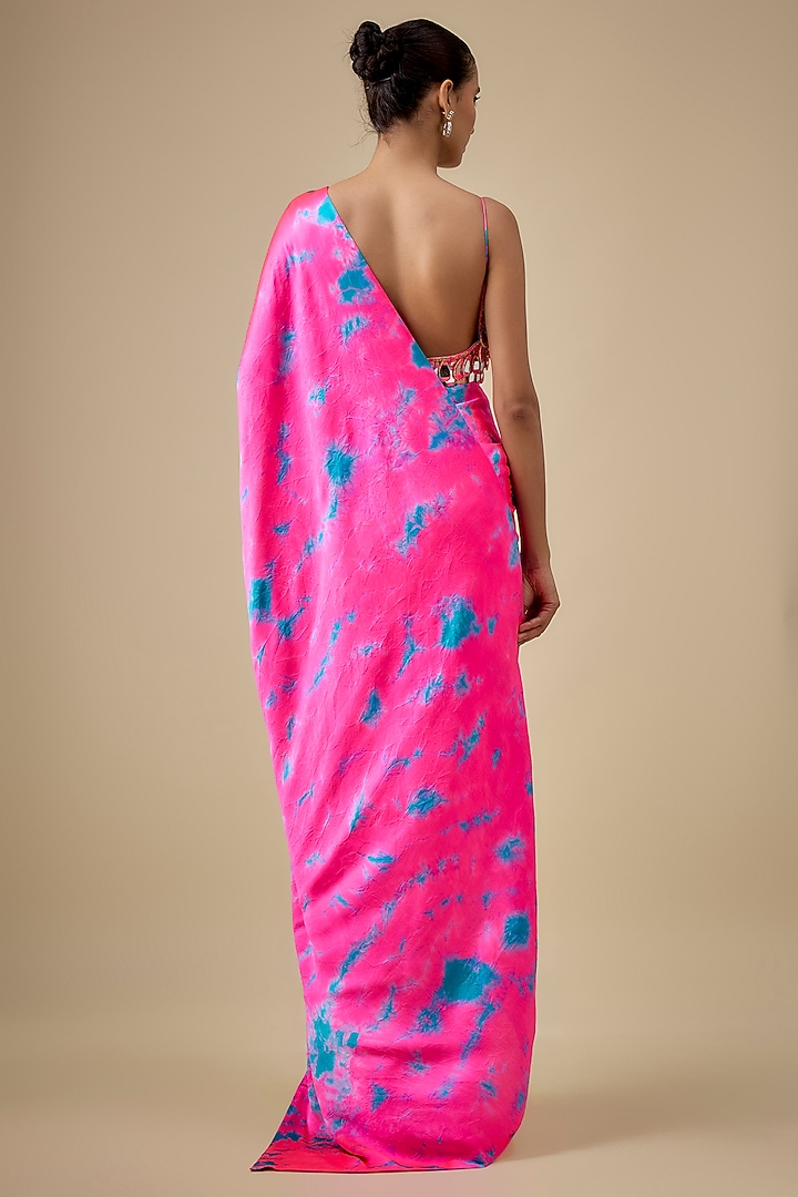 Pink & Blue Pure Satin Silk Hand Tie-Dye Wedding Saree Set by Akanksha Gajria at Pernia's Pop Up Shop