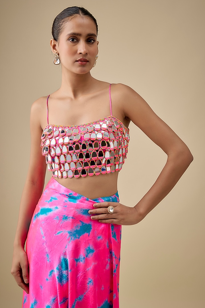 Pink & Blue Pure Satin Silk Hand Tie-Dye Wedding Saree Set by Akanksha Gajria at Pernia's Pop Up Shop