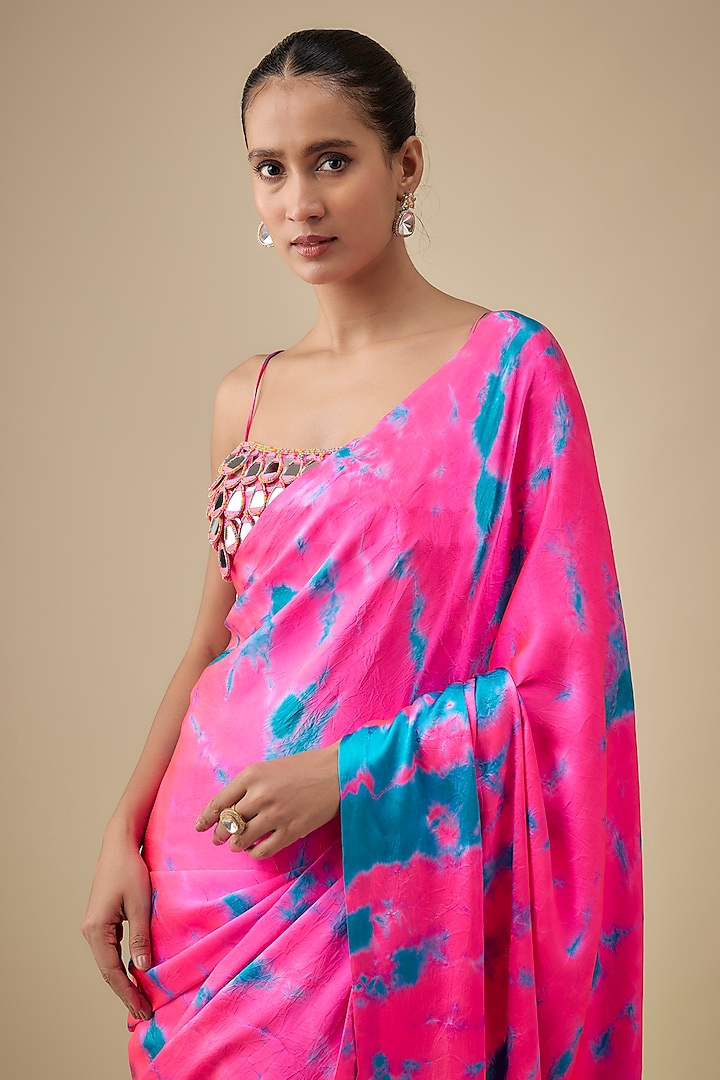 Pink & Blue Pure Satin Silk Hand Tie-Dye Wedding Saree Set by Akanksha Gajria at Pernia's Pop Up Shop