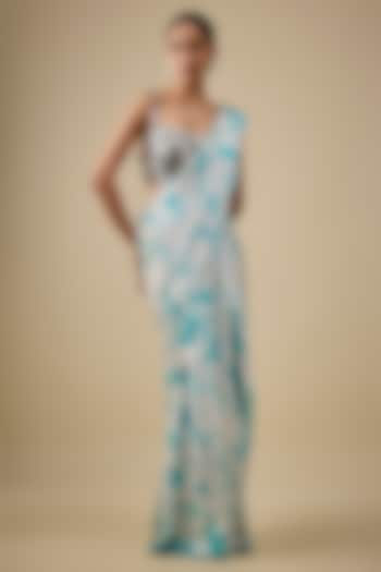 Ivory & Blue Pure Satin Silk Hand Tie-Dye Wedding Saree Set by Akanksha Gajria at Pernia's Pop Up Shop