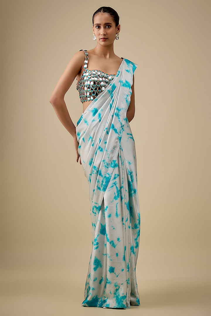 Ivory & Blue Pure Satin Silk Hand Tie-Dye Wedding Saree Set by Akanksha Gajria at Pernia's Pop Up Shop
