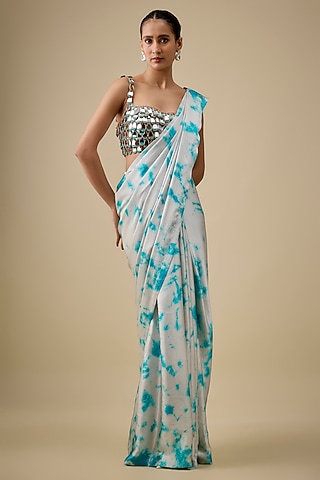 Ivory & Blue Pure Satin Silk Hand Tie-Dye Saree Set by Akanksha Gajria