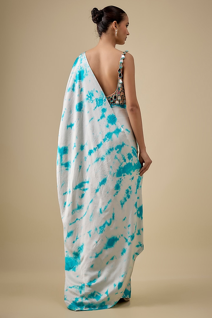 Ivory & Blue Pure Satin Silk Hand Tie-Dye Wedding Saree Set by Akanksha Gajria at Pernia's Pop Up Shop