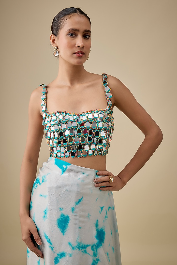 Ivory & Blue Pure Satin Silk Hand Tie-Dye Wedding Saree Set by Akanksha Gajria at Pernia's Pop Up Shop
