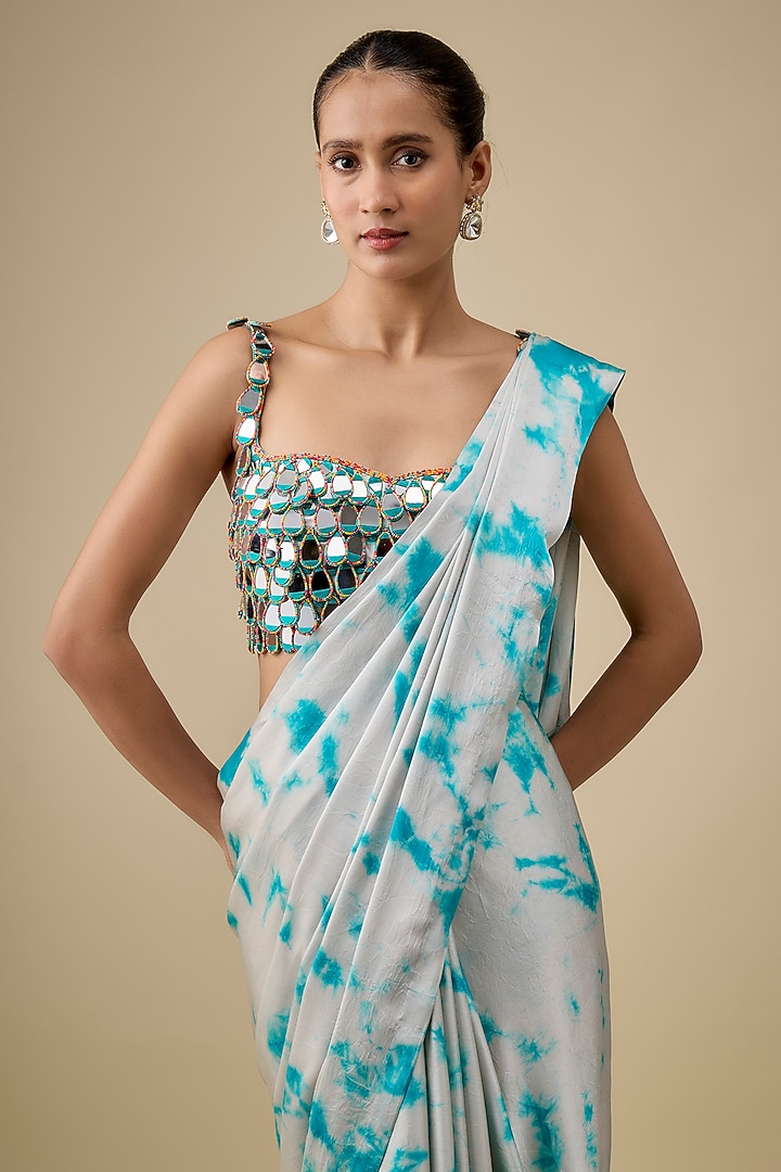 Ivory & Blue Pure Satin Silk Hand Tie-Dye Wedding Saree Set by Akanksha Gajria at Pernia's Pop Up Shop