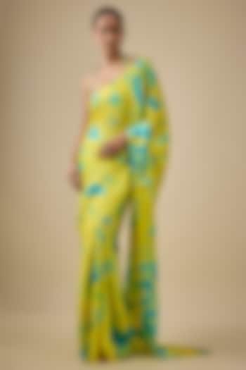 Yellow & Blue Pure Satin Silk Hand Tie-Dye Wedding Saree Set by Akanksha Gajria at Pernia's Pop Up Shop