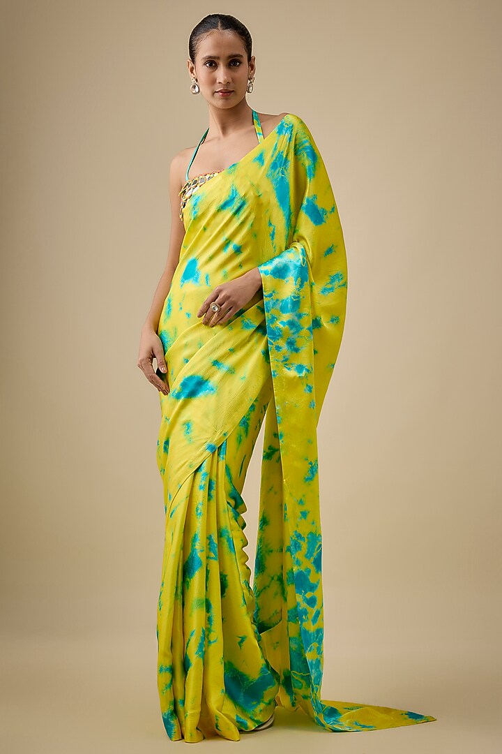 Yellow & Blue Pure Satin Silk Hand Tie-Dye Wedding Saree Set by Akanksha Gajria at Pernia's Pop Up Shop