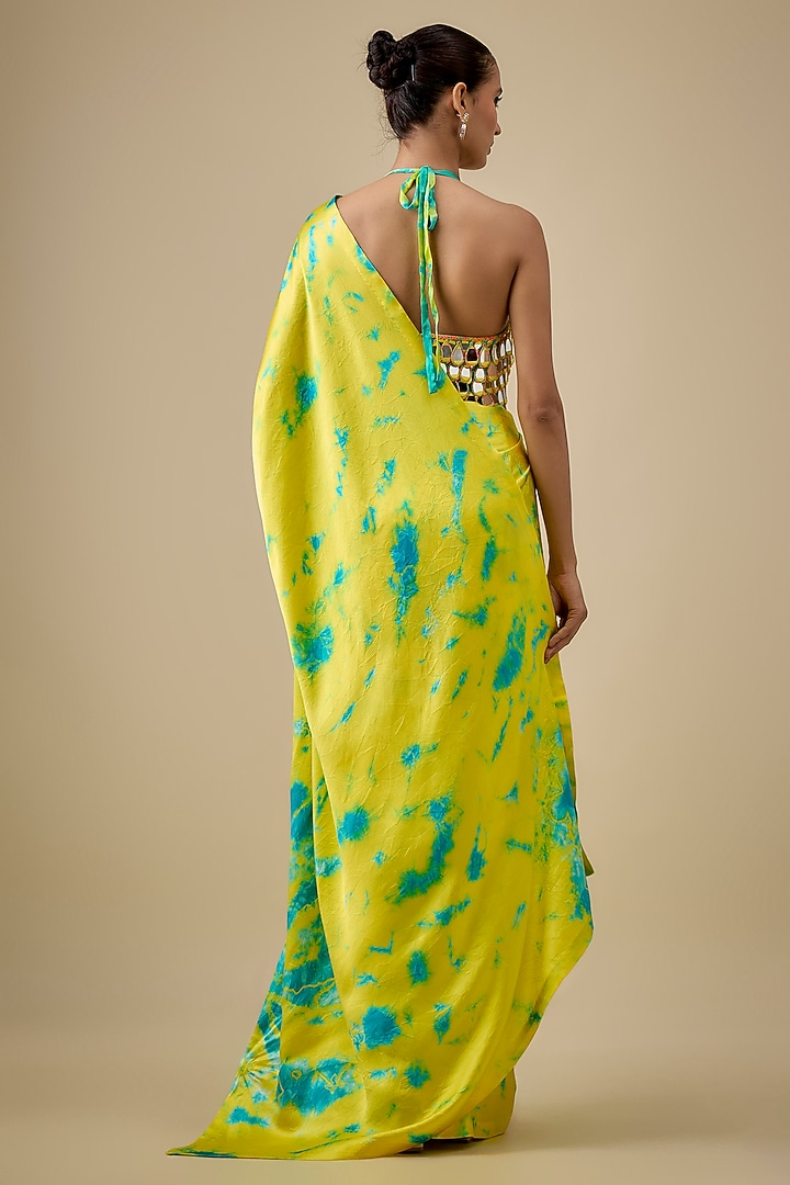 Yellow & Blue Pure Satin Silk Hand Tie-Dye Wedding Saree Set by Akanksha Gajria at Pernia's Pop Up Shop
