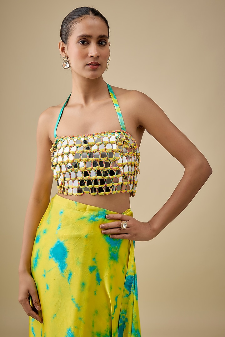 Yellow & Blue Pure Satin Silk Hand Tie-Dye Wedding Saree Set by Akanksha Gajria at Pernia's Pop Up Shop