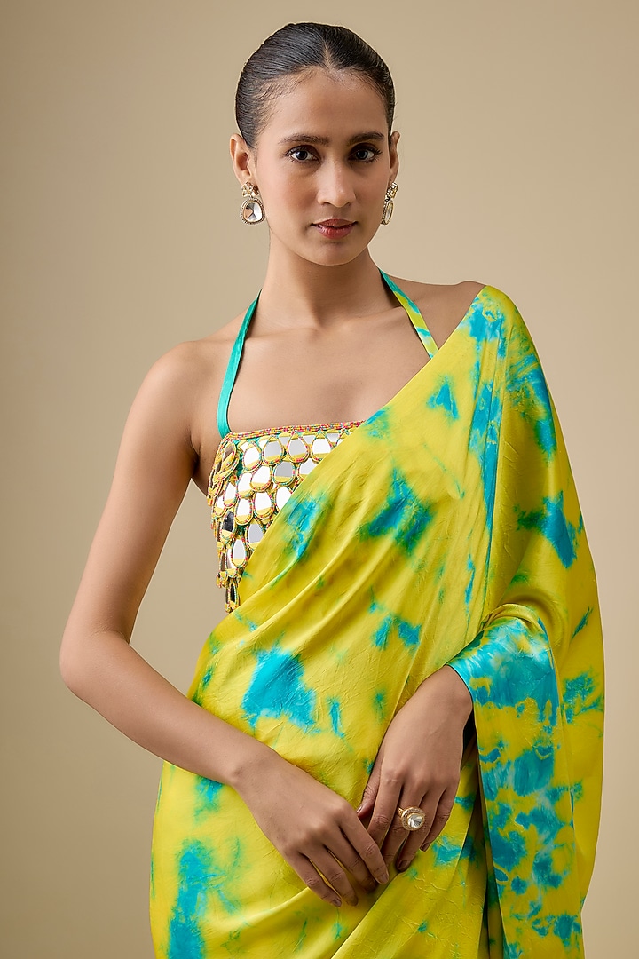 Yellow & Blue Pure Satin Silk Hand Tie-Dye Wedding Saree Set by Akanksha Gajria at Pernia's Pop Up Shop